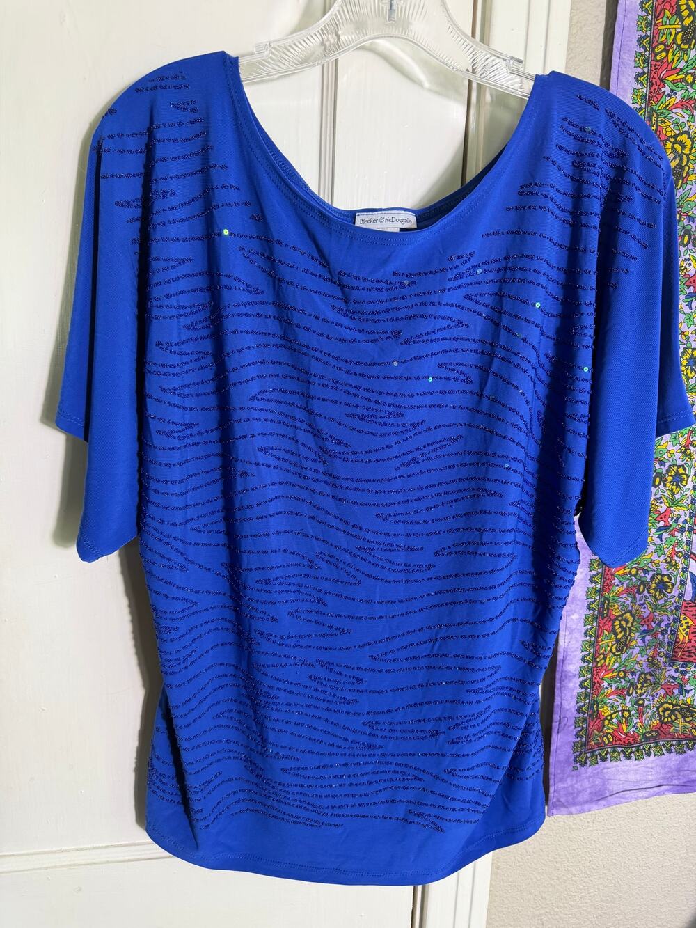 Bleecker & McDougal Blue Beaded Top Cobalt Stretch Short Sleeve Blouse - Large